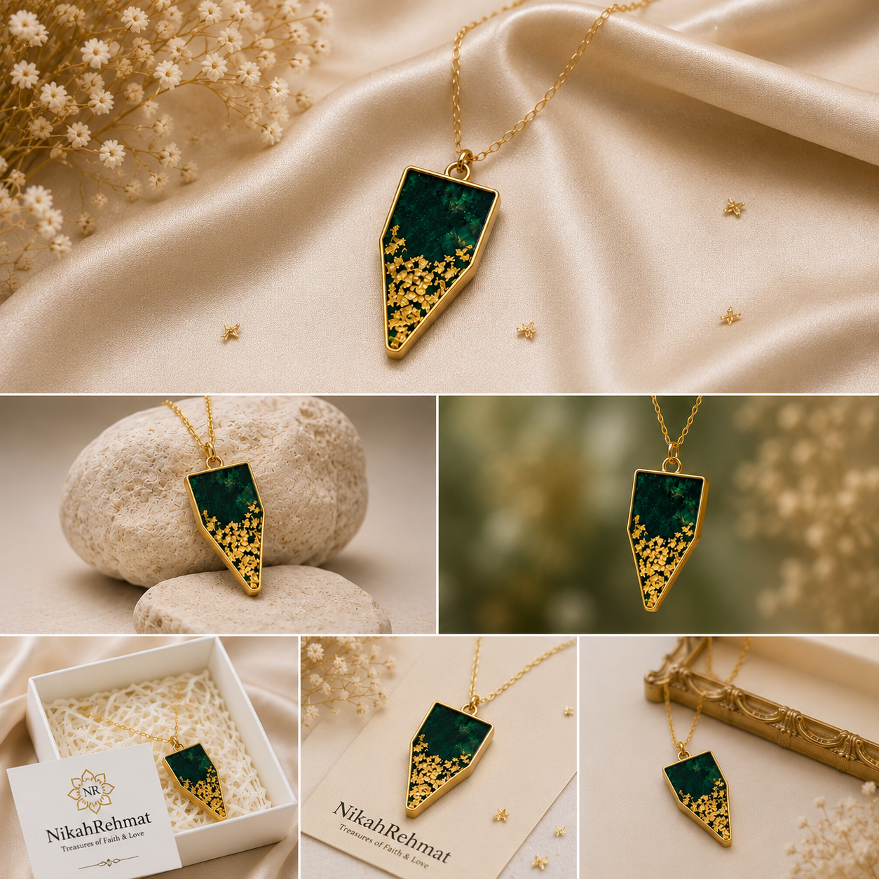 Handmade Emerald Green Resin Pendant Necklace with Gold Flakes | Gold Plated Chain