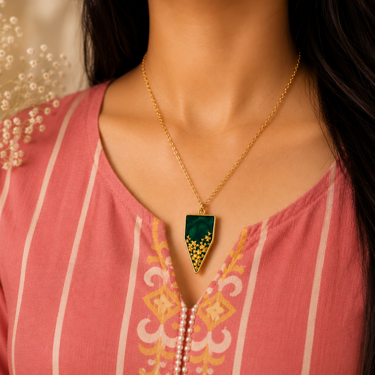 Handmade Emerald Green Resin Pendant Necklace with Gold Flakes | Gold Plated Chain