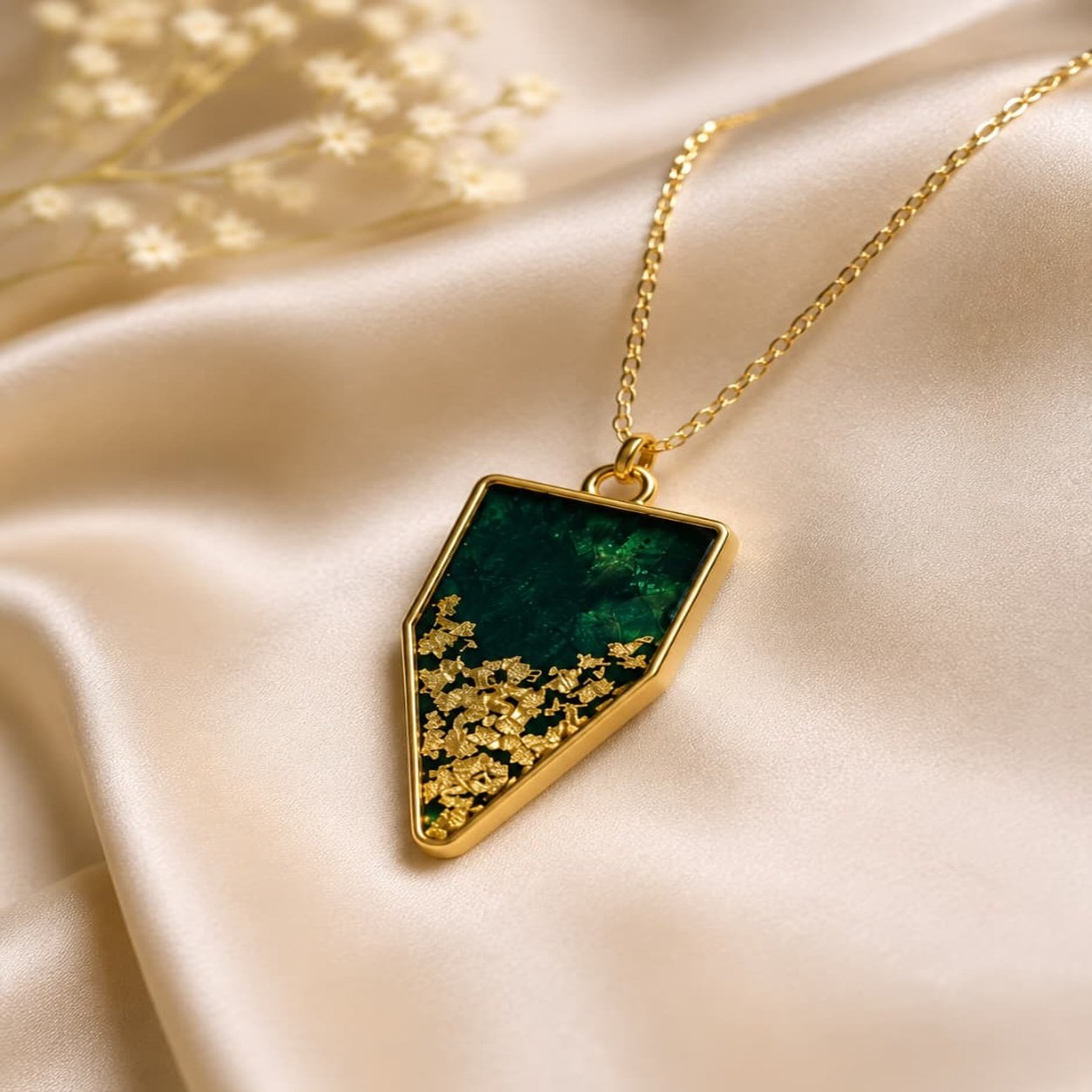 Handmade Emerald Green Resin Pendant Necklace with Gold Flakes | Gold Plated Chain