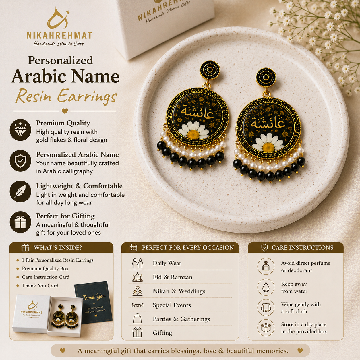 Personalized Arabic Name Resin Earrings | Handmade Islamic Custom Earrings for Women